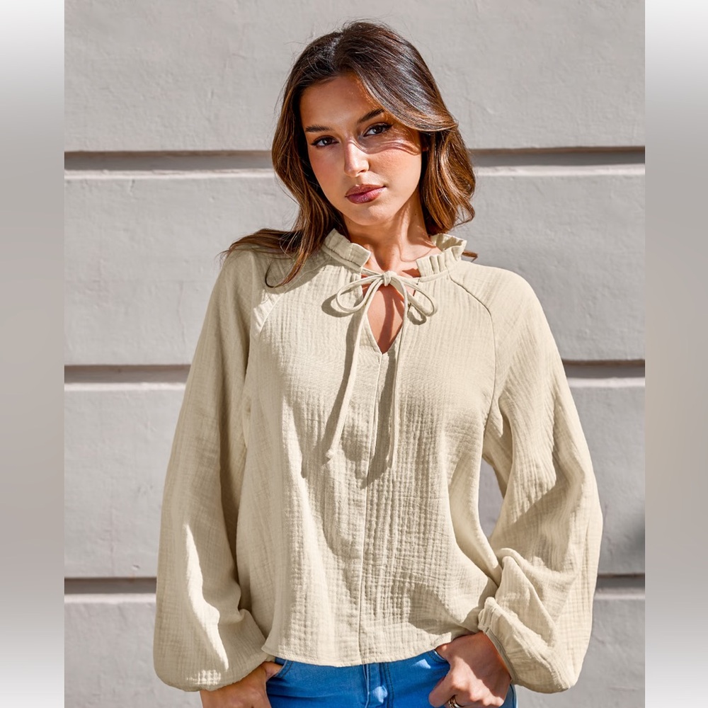 Cupshe Women's Cream Ruffled neckline waffle texture cotton Top XL